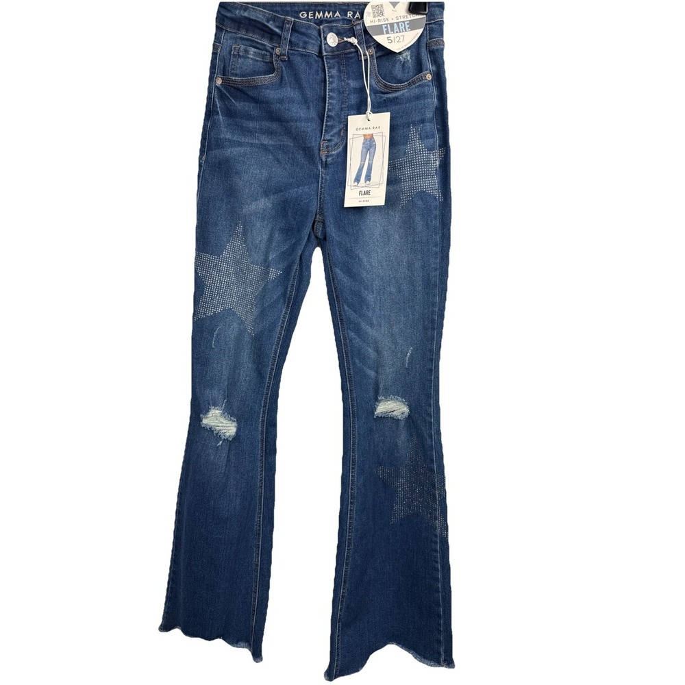Gemma‎ Rae High Rise Flare Jeans Womens 5/27 Blue Rhinestone Star Boho